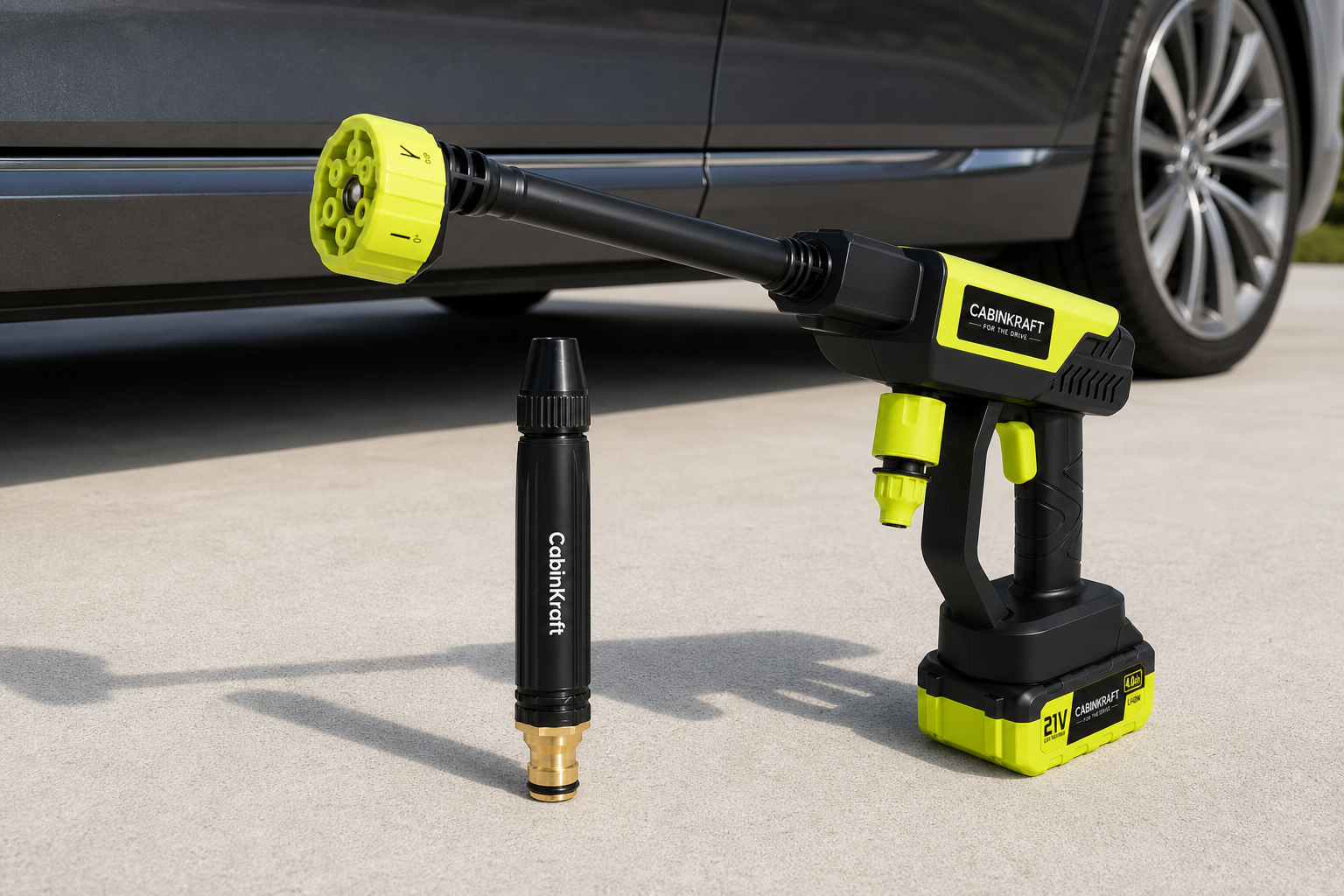 Cordless pressure washer and high-pressure garden hose spray gun for driveway car washing