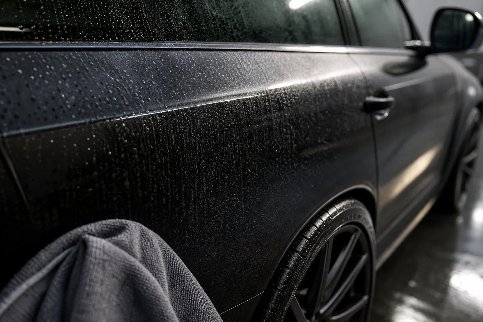 Premium close-up of clean car panel and wheel after water spot care