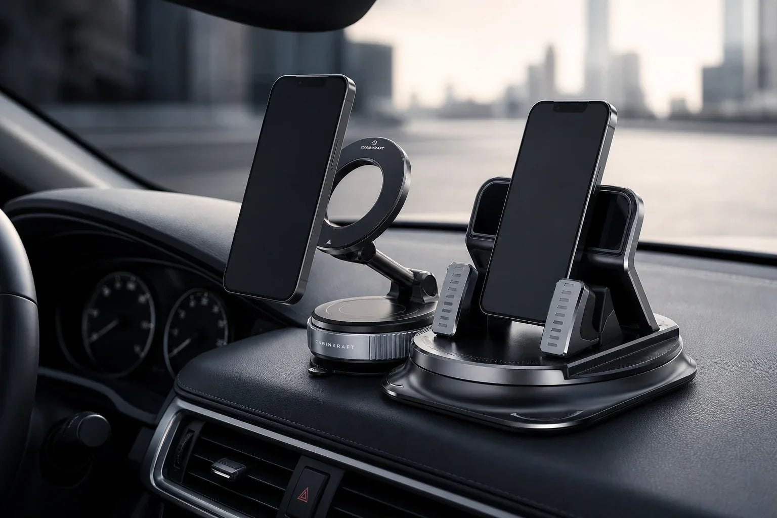 Premium car dashboard with suction and magnetic phone mount setups